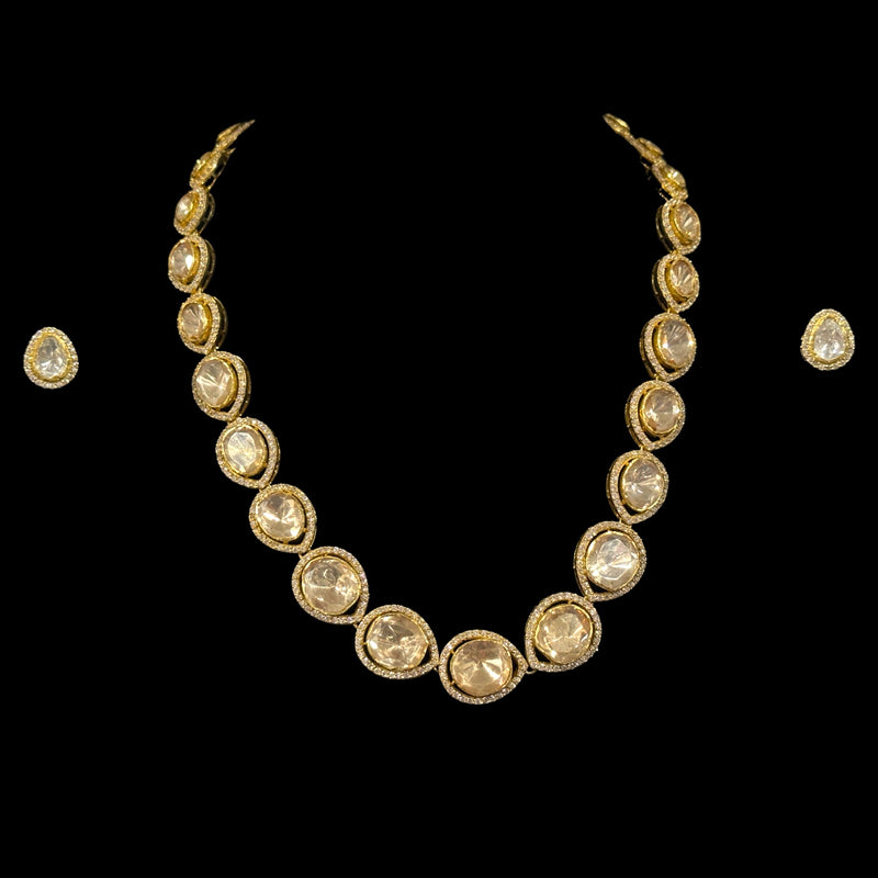 925 Sterling Silver Designer Necklace & Earring Set - Polki Style