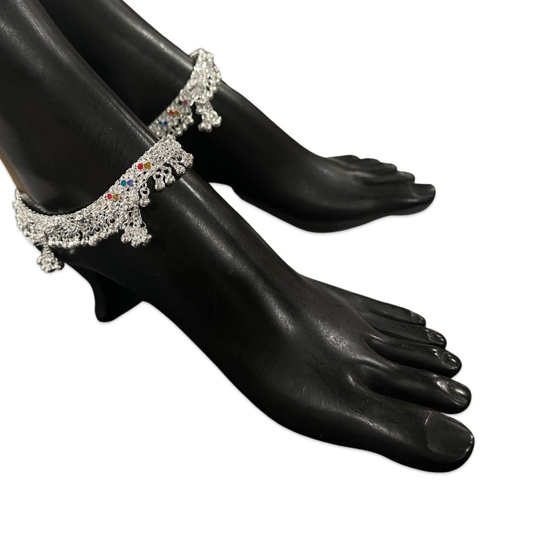 800 Silver Rajwada Hallmarked Pajeb Anklet with Meena - Style