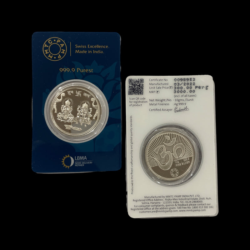 999 Pure Silver Ganesha Lakshmi MMTC certified 10 Gram Sealed Coin