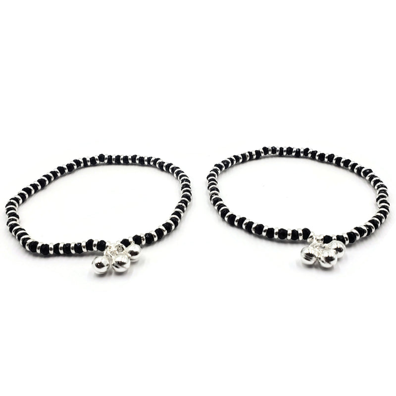 925 Sterling Silver Black Beads Stretchable Anklet  - Style