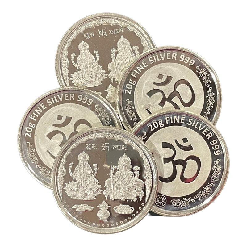 999 Pure Silver Ganesha Lakshmi / Laxmi 20 gram Coins (Pack of 5 Coins)