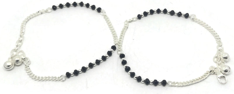 925 Sterling Silver Kids Curb Chain Black Beads Anklet  - Style