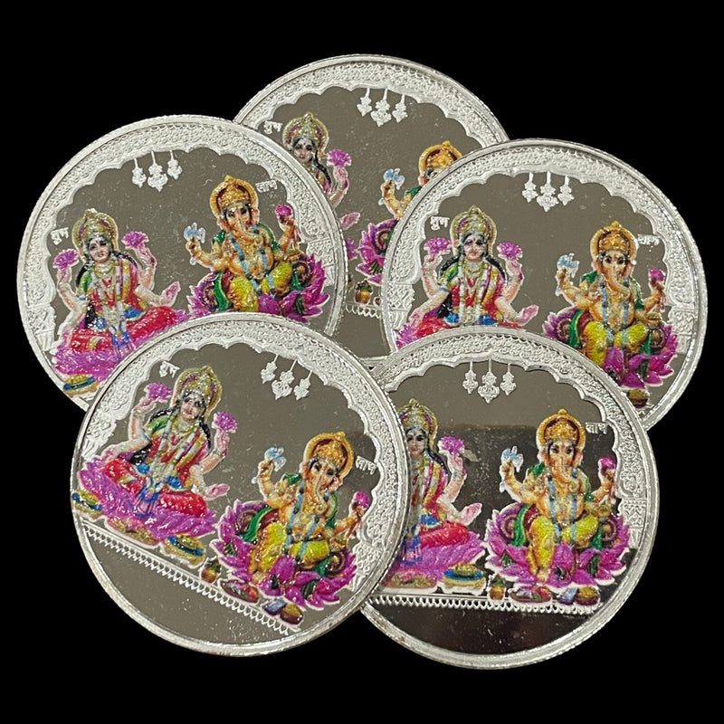 999 Pure Silver Ganesha Lakshmi / Laxmi 20 Gram Meena Coins (Pack of 5 Coins)