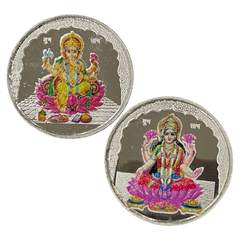 999 Pure Silver Ganesha Lakshmi / Laxmi 10 Gram Meena Coin Pair Set - Figurine