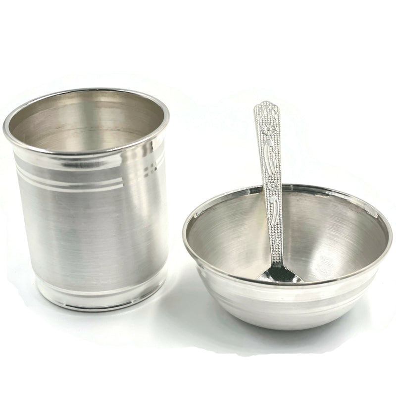 999 Pure Silver 2.5 inch Bowl, 2.25 Inch Glass & Spoon for Kids - Designer Set