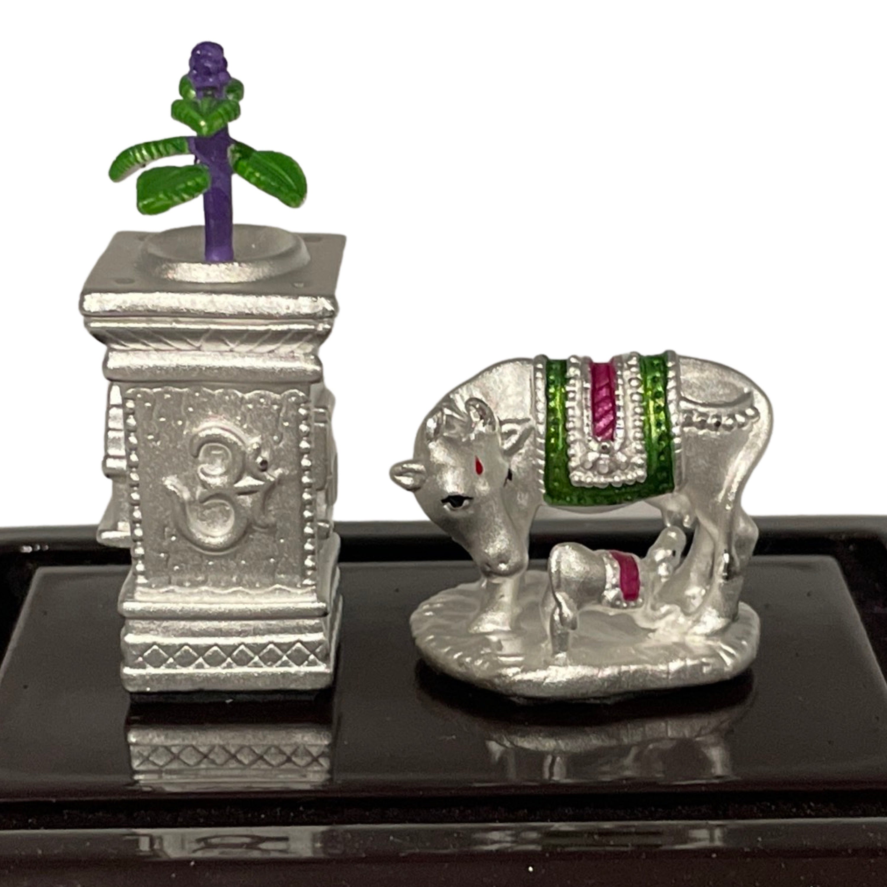 999 Pure Silver Kamdhenu Cow & Tulsi Statue - 1.25 inch Tall Idol / Mu