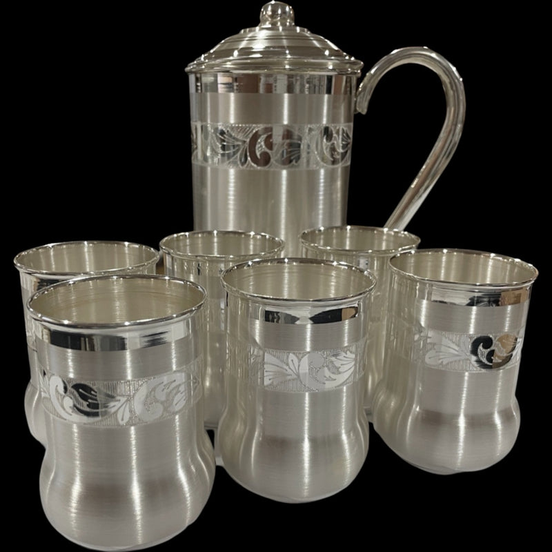 999 Pure Silver Hallmarked Designer 8.0 inch Water Jug / Pitcher & Six Glass Set