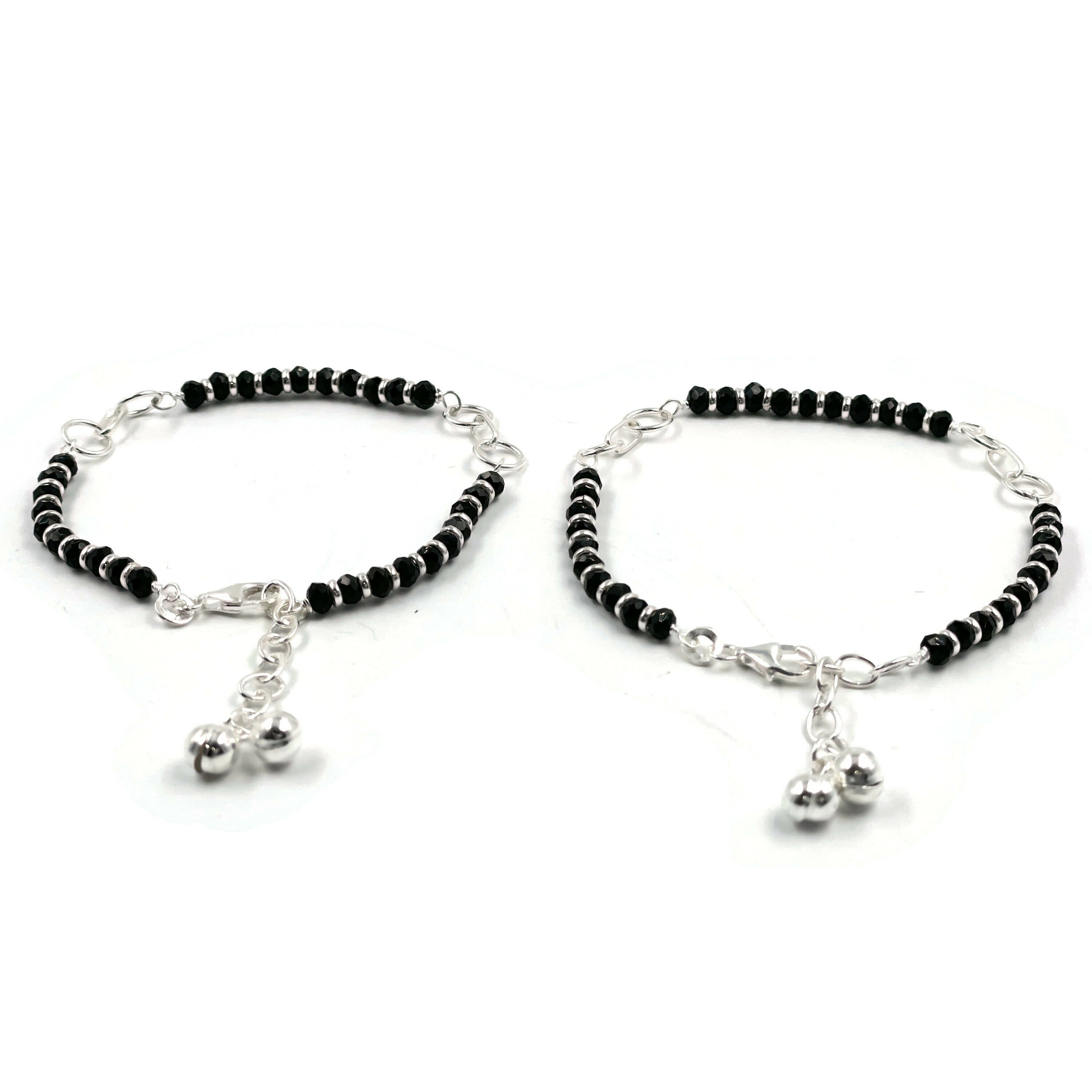 925 Sterling Silver Link Chain Black Beads Anklet - Style#26