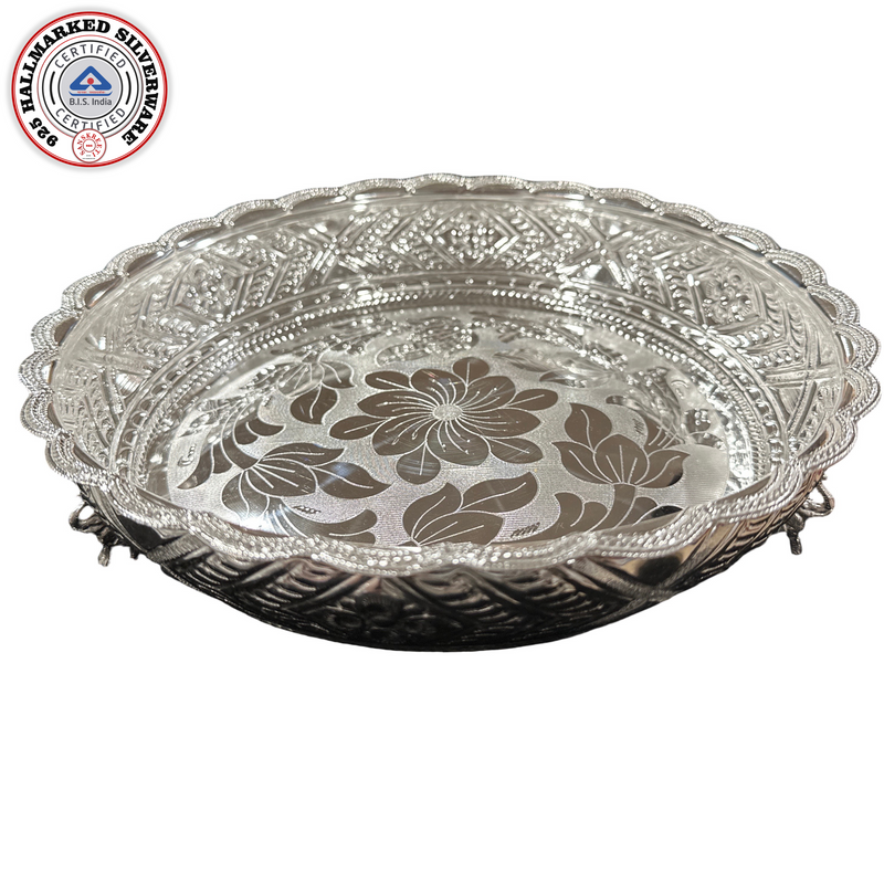 925 Sterling Silver Designer Hallmarked Puja Plate with Elephant Stand - Style