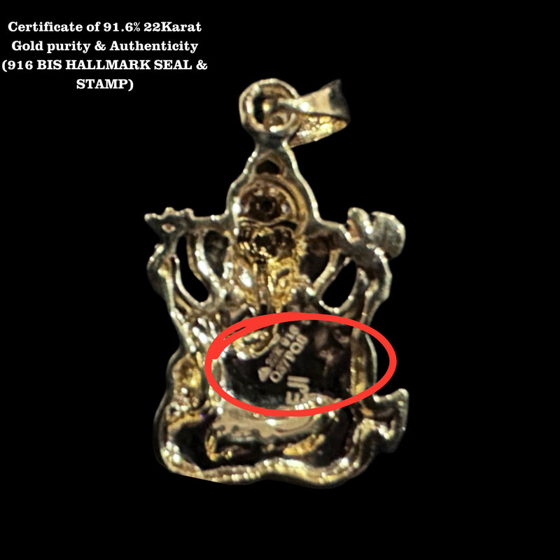 916 Gold Twenty Two Karat (22Kt) Hallmarked Ganesha Pendant - Style