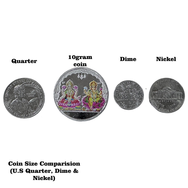 999 Pure Silver Ganesha Lakshmi / Laxmi 10 Gram Meena Coins (Pack of 5 Coins)