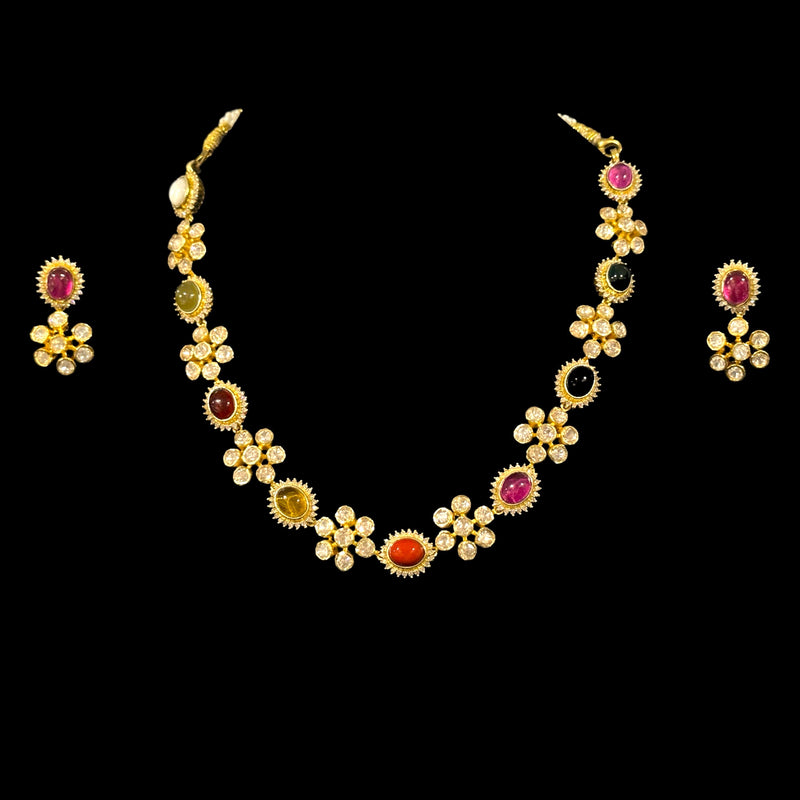 925 Sterling Silver Designer Necklace & Earring Set - Polki Style