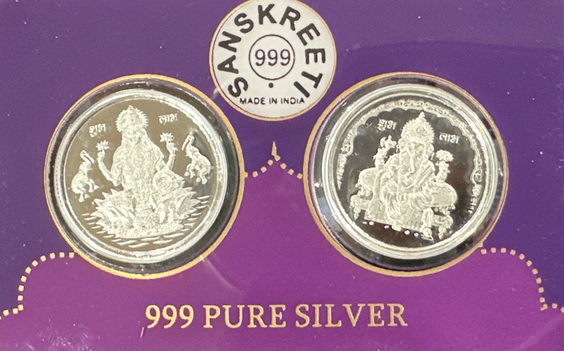 999 Pure Silver Ganesha Lakshmi / Laxmi Coin 10 Gram Sealed Pair Set - Figurine