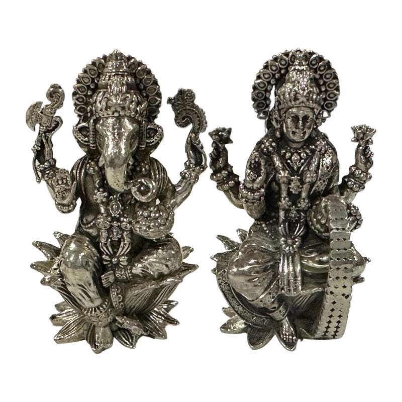 925 Sterling Silver Semi Solid Antique Theme Ganesh & Lakshmi / Laxmi idol (Figurine