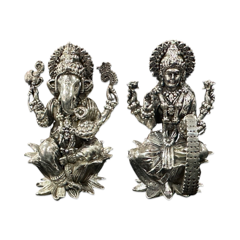 925 Sterling Silver Semi Solid Antique Theme Ganesh & Lakshmi / Laxmi idol (Figurine
