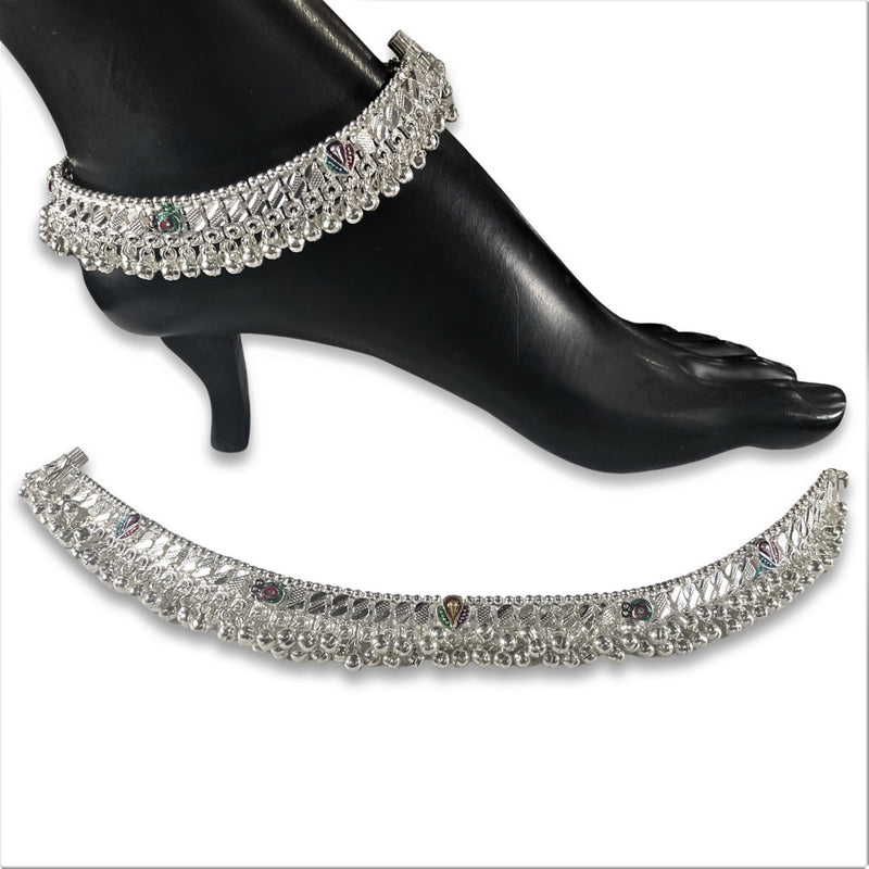 700 Silver Rajwada  Rajwada Pajeb / Anklet with Meena & Bells - Style