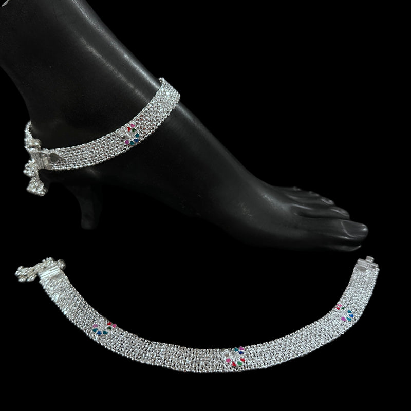 800 Silver Rajwada Hallmarked Pajeb Anklet with Meena - Style