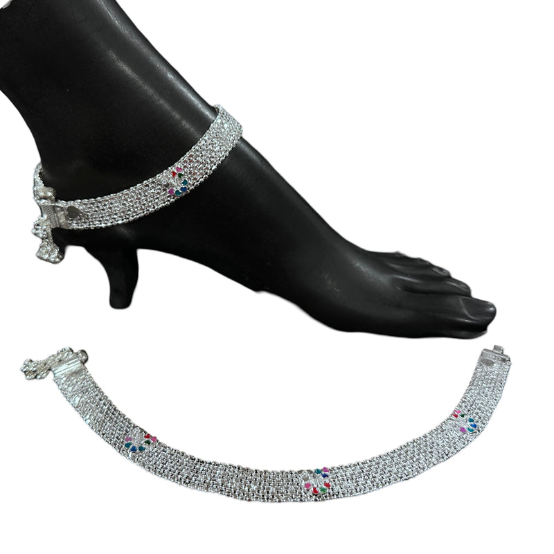 800 Silver Rajwada Hallmarked Pajeb Anklet with Meena - Style