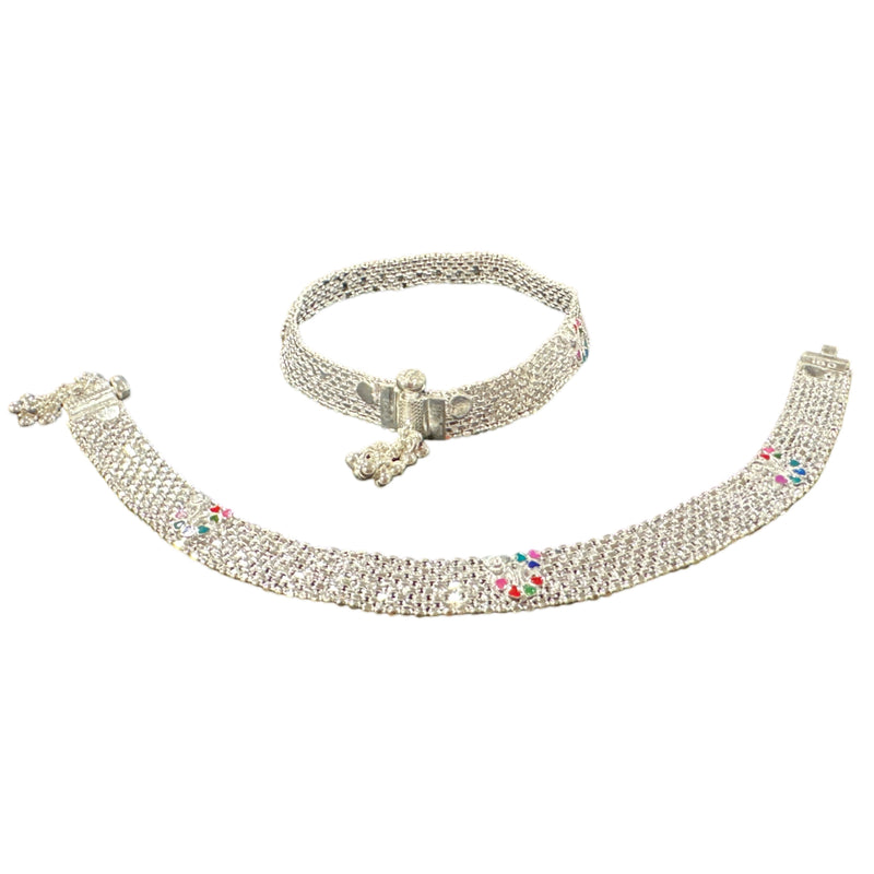 800 Silver Rajwada Hallmarked Pajeb Anklet with Meena - Style