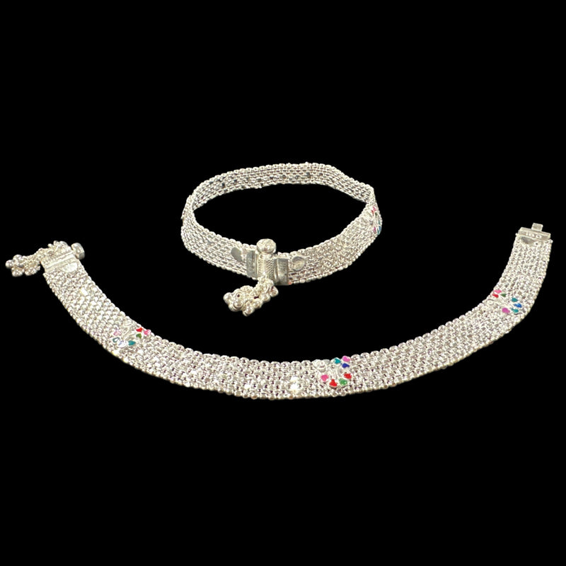 800 Silver Rajwada Hallmarked Pajeb Anklet with Meena - Style