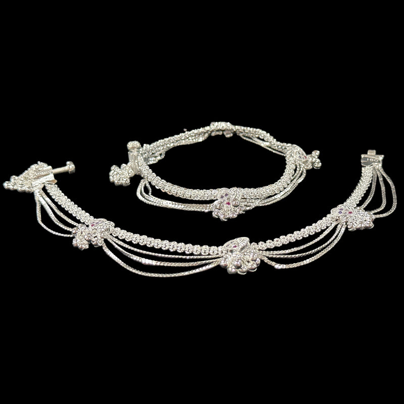 800 Silver Rajwada Hallmarked Pajeb Anklet with Meena & bells - Style