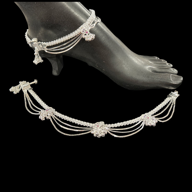 800 Silver Rajwada Hallmarked Pajeb Anklet with Meena & bells - Style