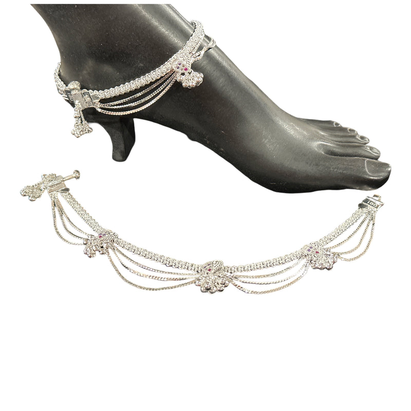 800 Silver Rajwada Hallmarked Pajeb Anklet with Meena & bells - Style