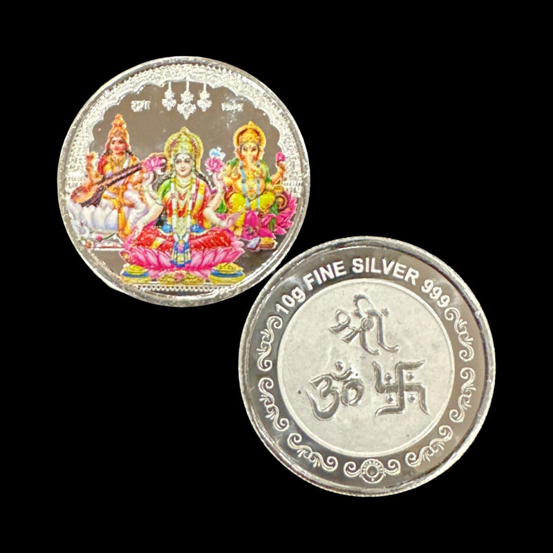 999 Pure Silver Ganesh Lakshmi & Saraswati 10 Gram Meena Coin