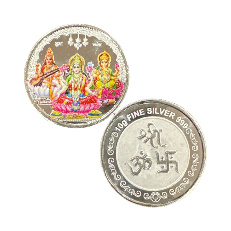 999 Pure Silver Ganesh Lakshmi & Saraswati 10 Gram Meena Coin