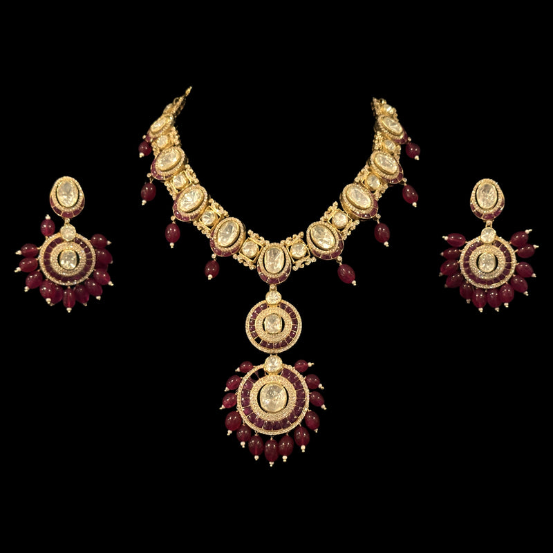 925 Sterling Silver Designer Necklace & Earring Set - Polki Style