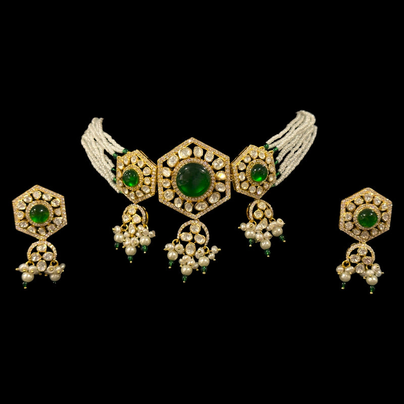 925 Sterling Silver Designer Hallmarked Necklace & Earring Set - Polki Style