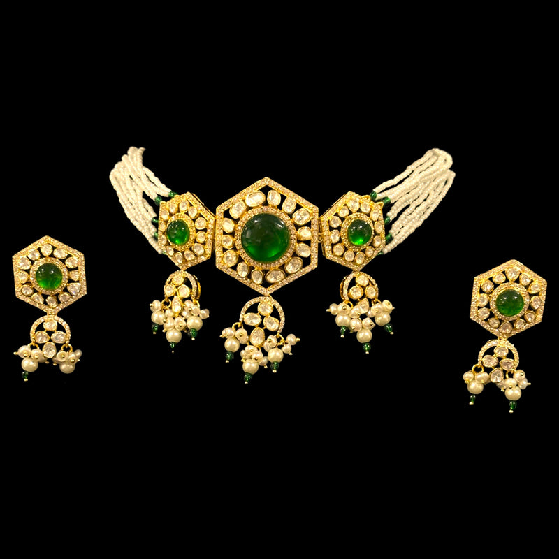 925 Sterling Silver Designer Hallmarked Necklace & Earring Set - Polki Style