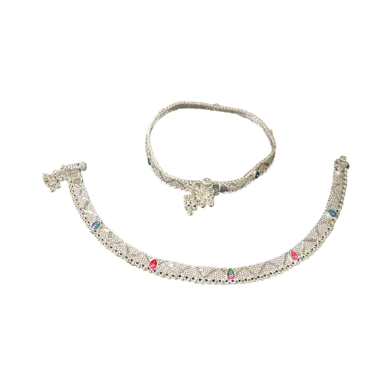 800 Silver Rajwada Hallmarked Pajeb Anklet with Meena - Style