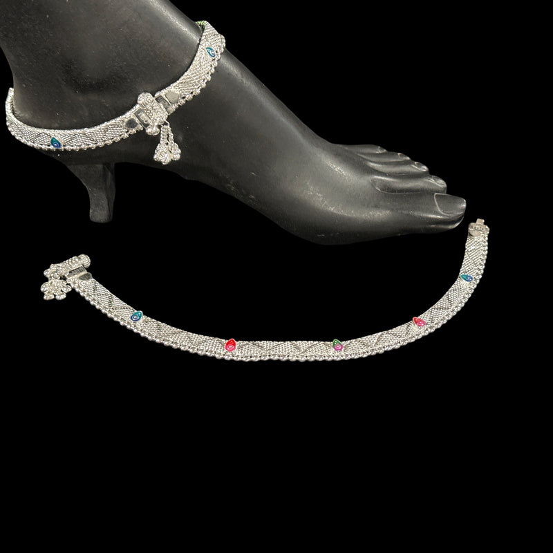 800 Silver Rajwada Hallmarked Pajeb Anklet with Meena - Style