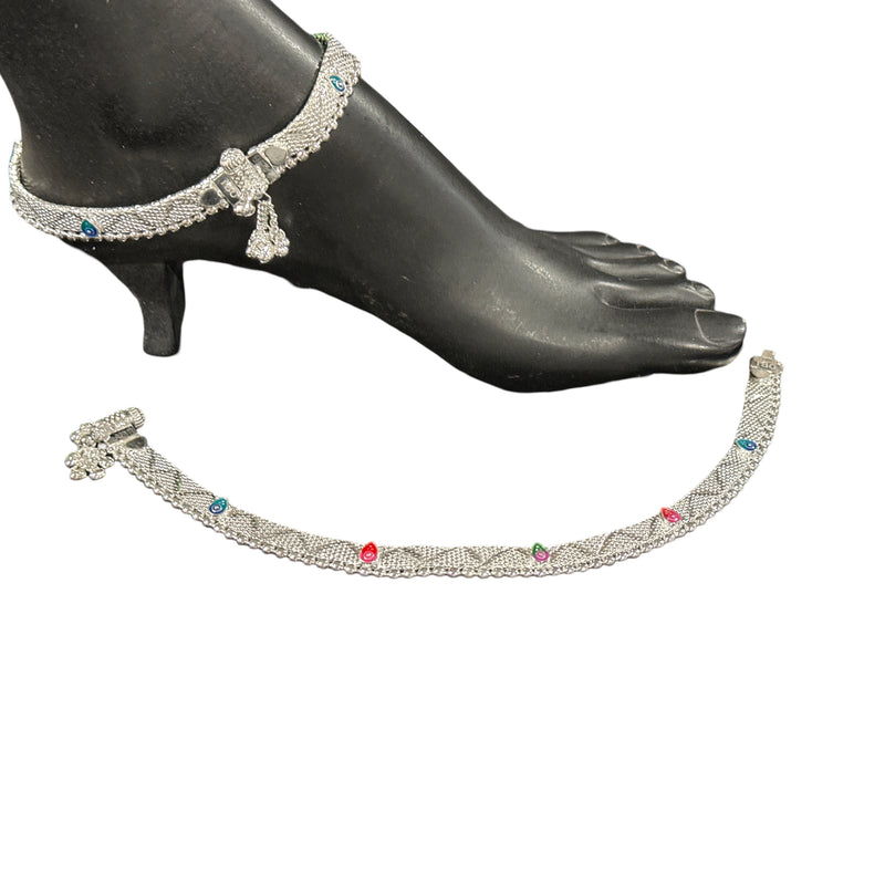 800 Silver Rajwada Hallmarked Pajeb Anklet with Meena - Style