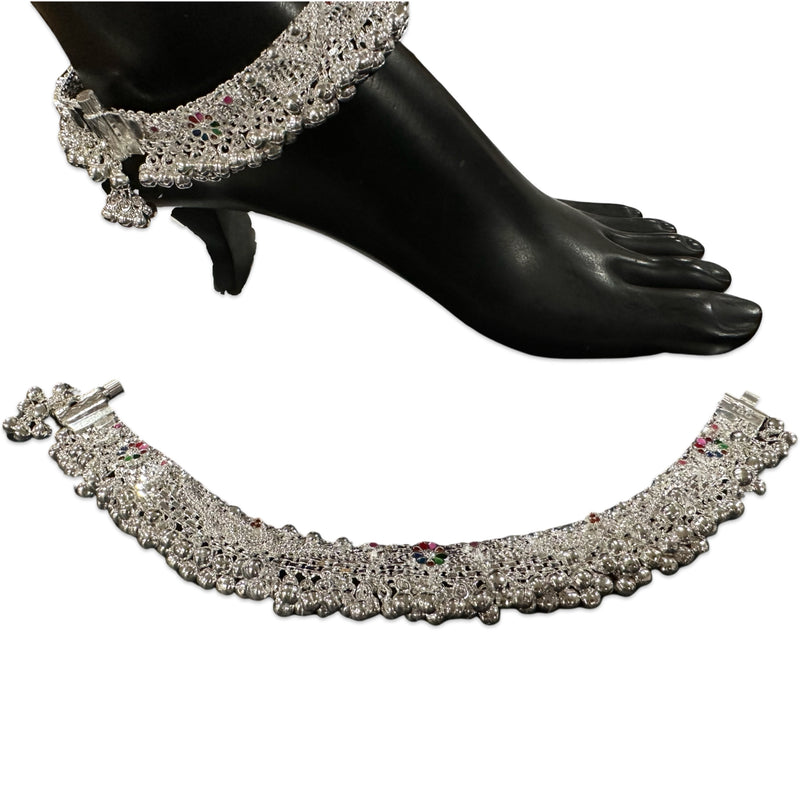 800 Silver Rajwada Hallmarked Pajeb Anklet with Meena & Bells - Style