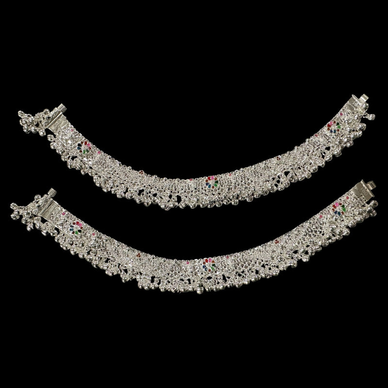 800 Silver Rajwada Hallmarked Pajeb Anklet with Meena & Bells - Style