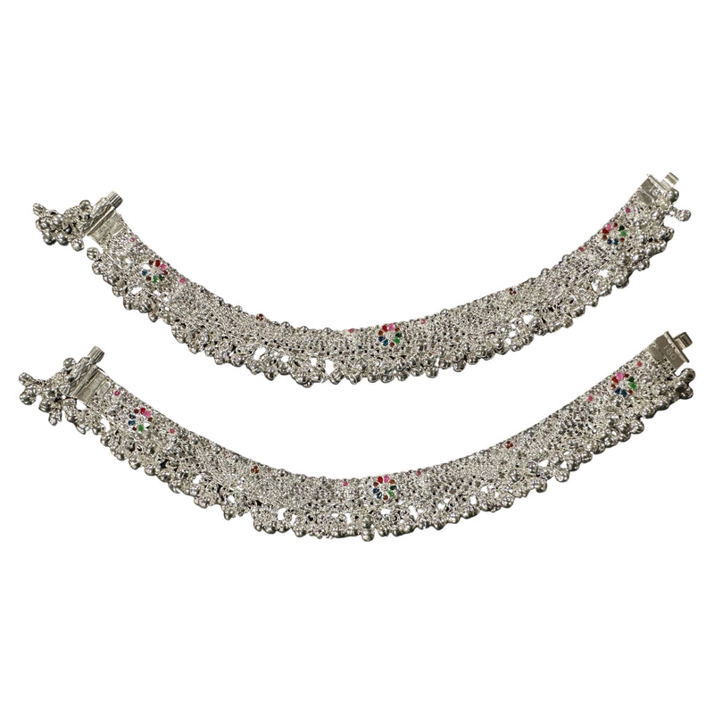 800 Silver Rajwada Hallmarked Pajeb Anklet with Meena & Bells - Style