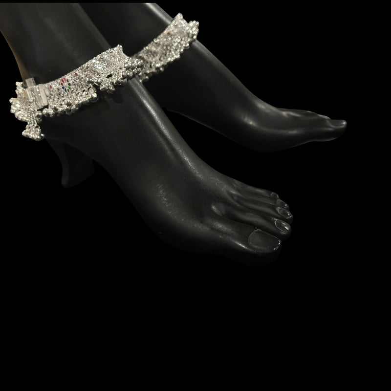 800 Silver Rajwada Hallmarked Pajeb Anklet with Meena & Bells - Style