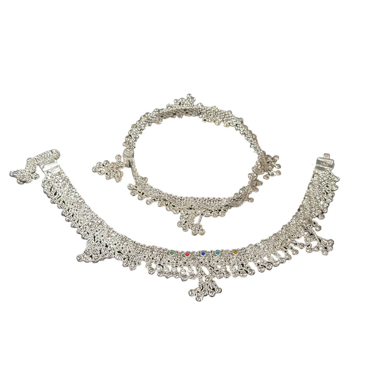 800 Silver Rajwada Hallmarked Pajeb Anklet with Meena & Bells - Style