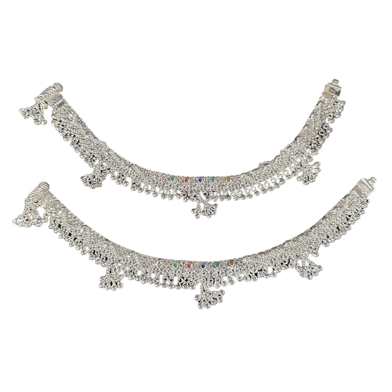 800 Silver Rajwada Hallmarked Pajeb Anklet with Meena & Bells - Style