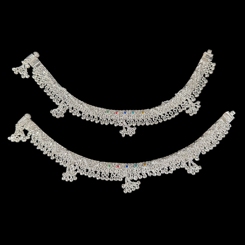 800 Silver Rajwada Hallmarked Pajeb Anklet with Meena & Bells - Style