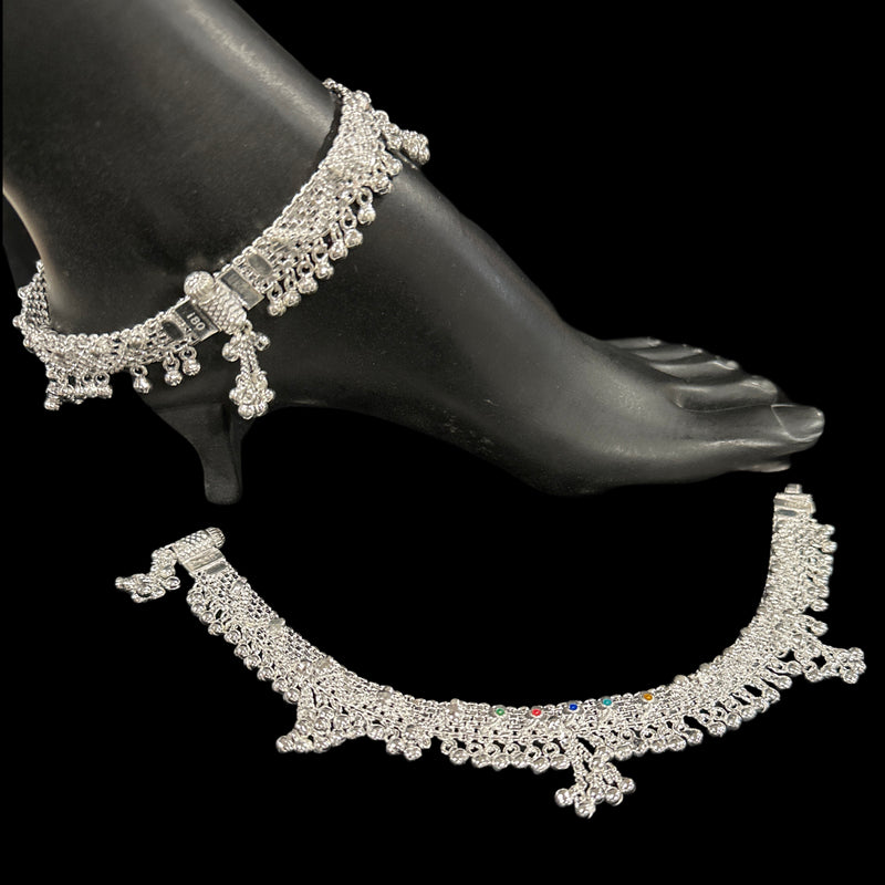 800 Silver Rajwada Hallmarked Pajeb Anklet with Meena & Bells - Style