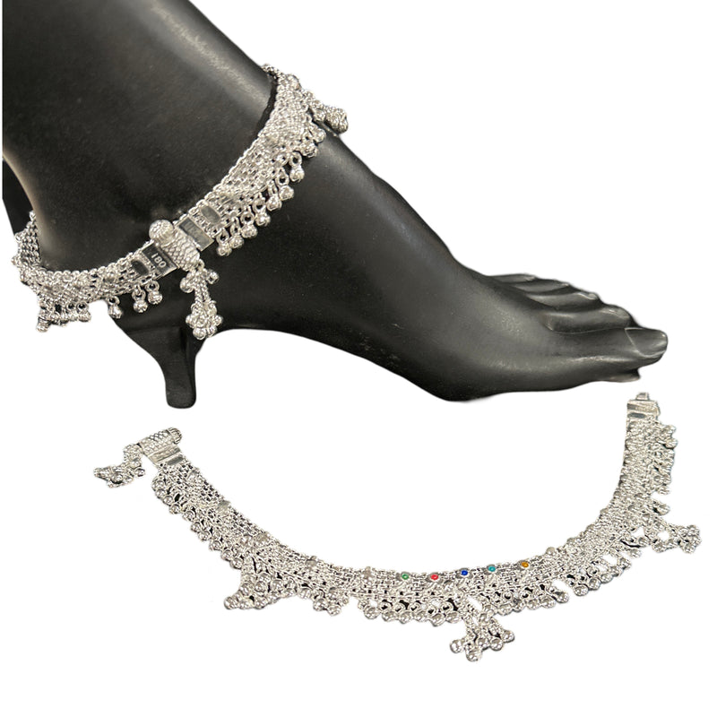 800 Silver Rajwada Hallmarked Pajeb Anklet with Meena & Bells - Style