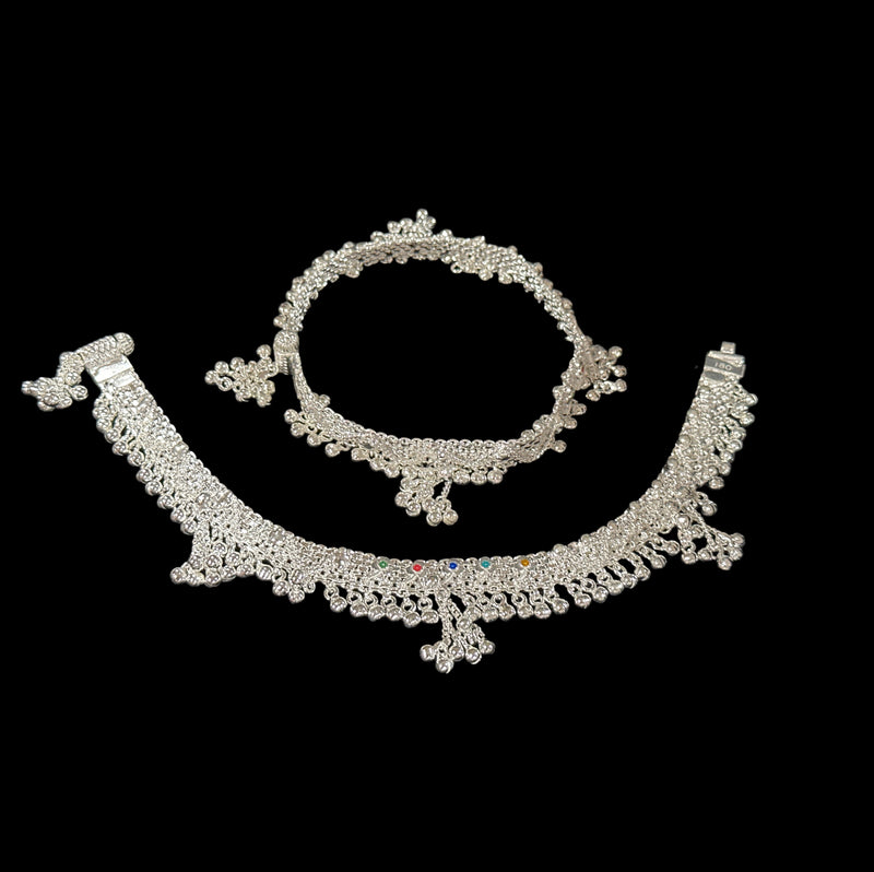 800 Silver Rajwada Hallmarked Pajeb Anklet with Meena & Bells - Style