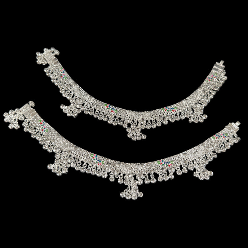 800 Silver Rajwada Hallmarked Pajeb Anklet with Meena & Bells - Style