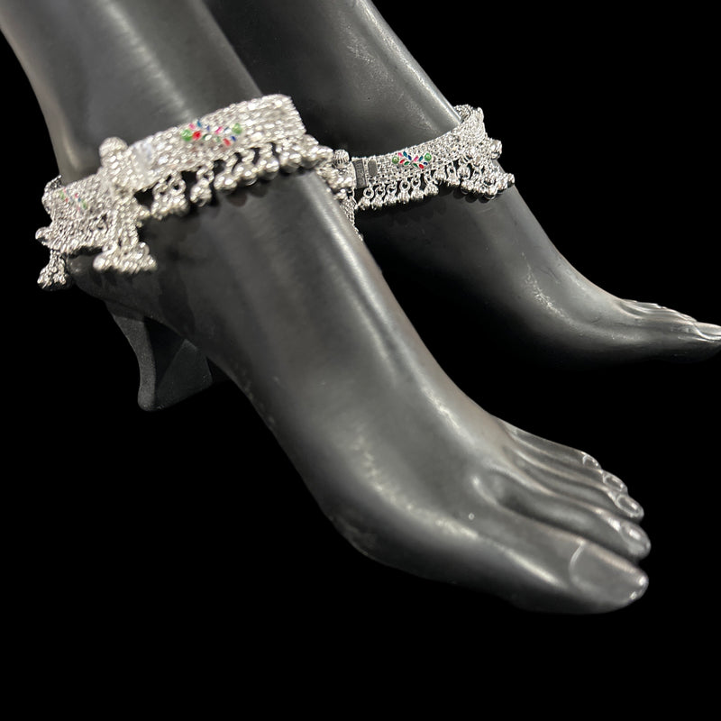 800 Silver Rajwada Hallmarked Pajeb Anklet with Meena & Bells - Style