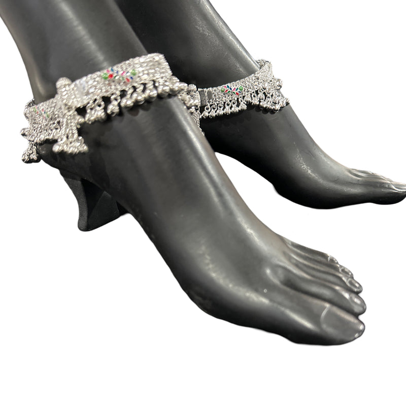 800 Silver Rajwada Hallmarked Pajeb Anklet with Meena & Bells - Style