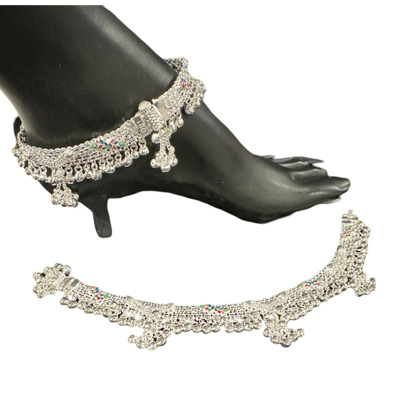 800 Silver Rajwada Hallmarked Pajeb Anklet with Meena & Bells - Style