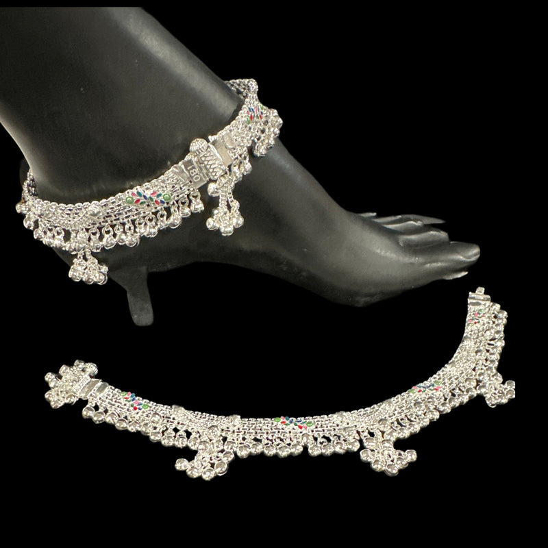 800 Silver Rajwada Hallmarked Pajeb Anklet with Meena & Bells - Style